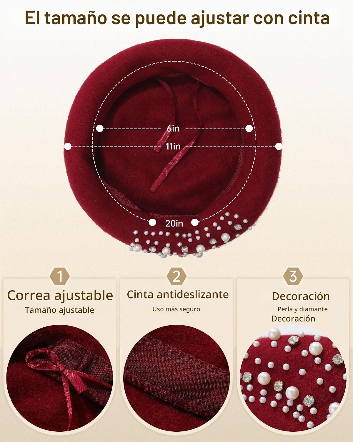 Boina clásica de lana francesa con adornos de perlas y diamantes de...