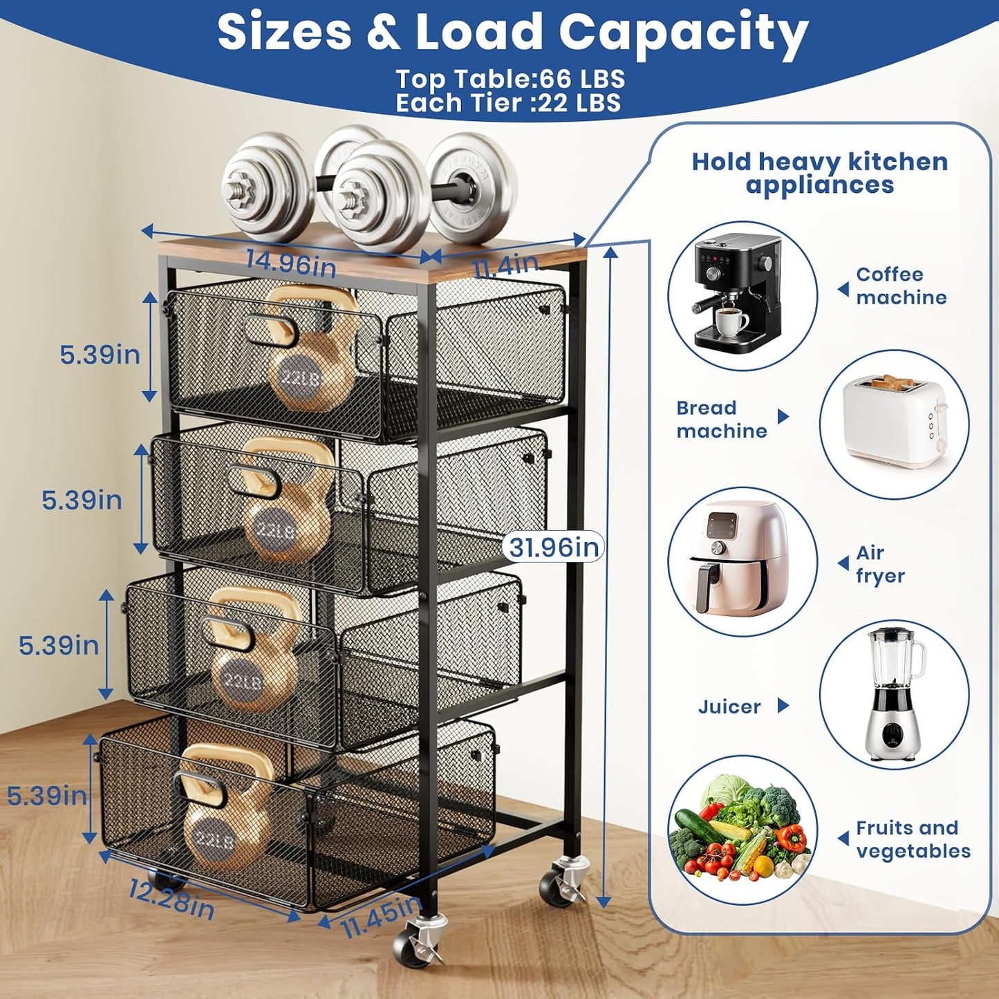 Goovilla Carrito de cocina con cajones, ruedas bloqueables con tapa...