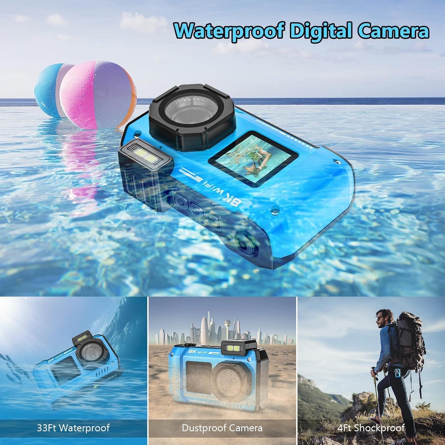 Cámara subacuática 8K, cámara digital impermeable WiFi de 70MP 33FT...