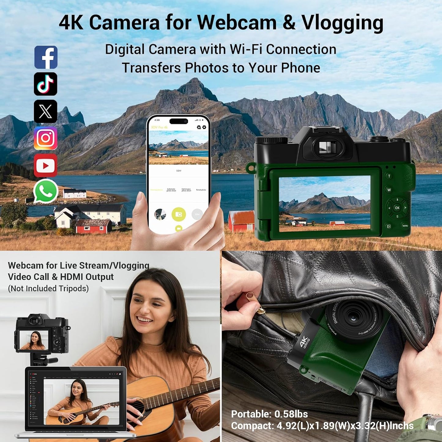 Cámara digital de 75 MP, cámara de vlogging WiFi 4K con pantalla ab...