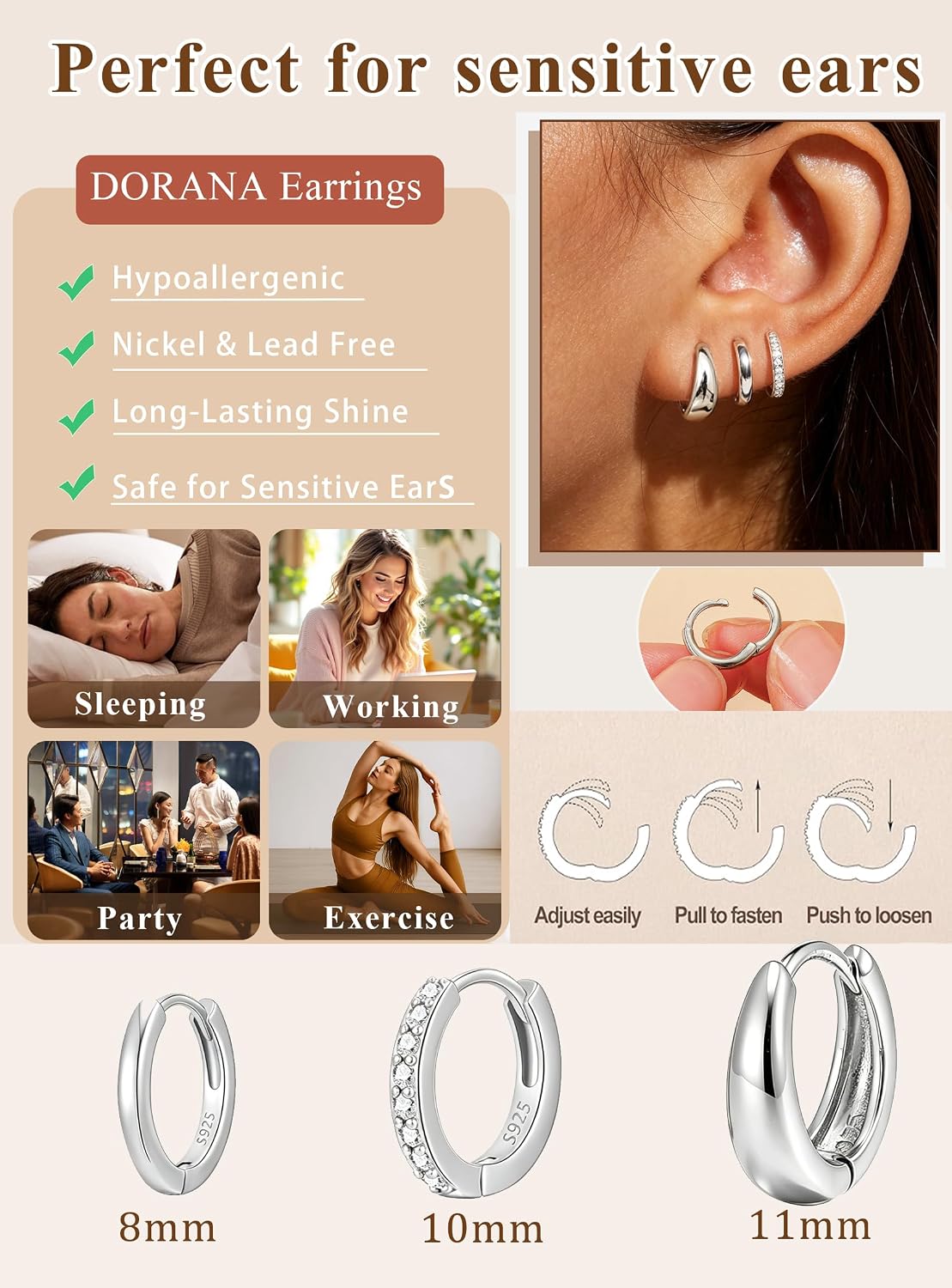 DORANA Joyería para ella, 3 pares de aretes de plata de ley 925 par...