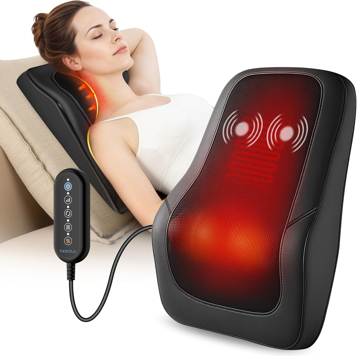Beleduc Masajeador de espalda Shiatsu con calor, masajeador de espa...