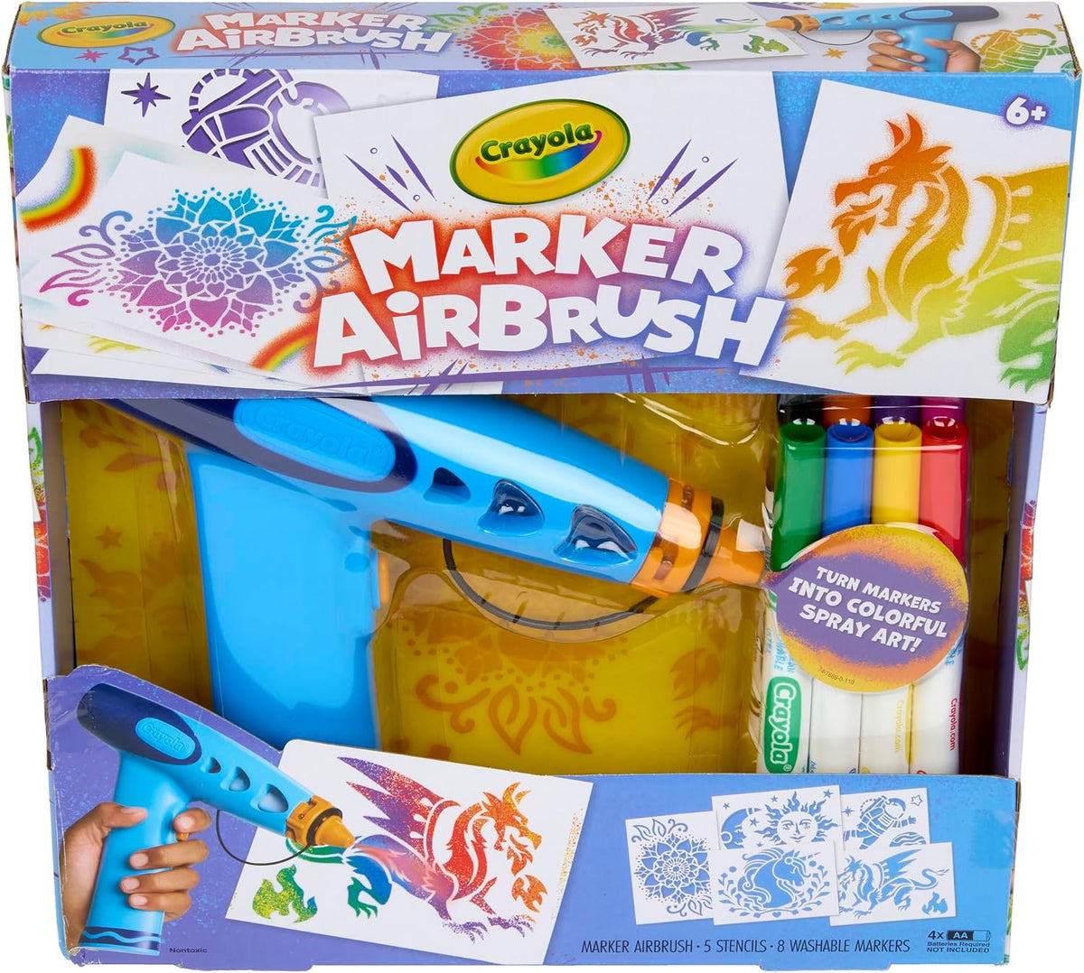 Crayola Kit de arte en aerosol con aerógrafo, 8 marcadores lavables...