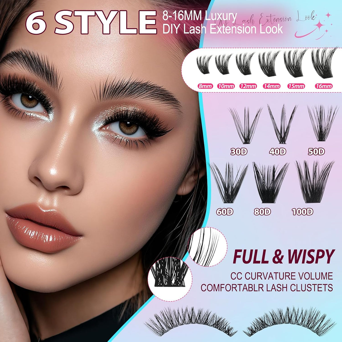 Kit de 708 extensiones de pestañas individuales en racimo 30D+40D+5...