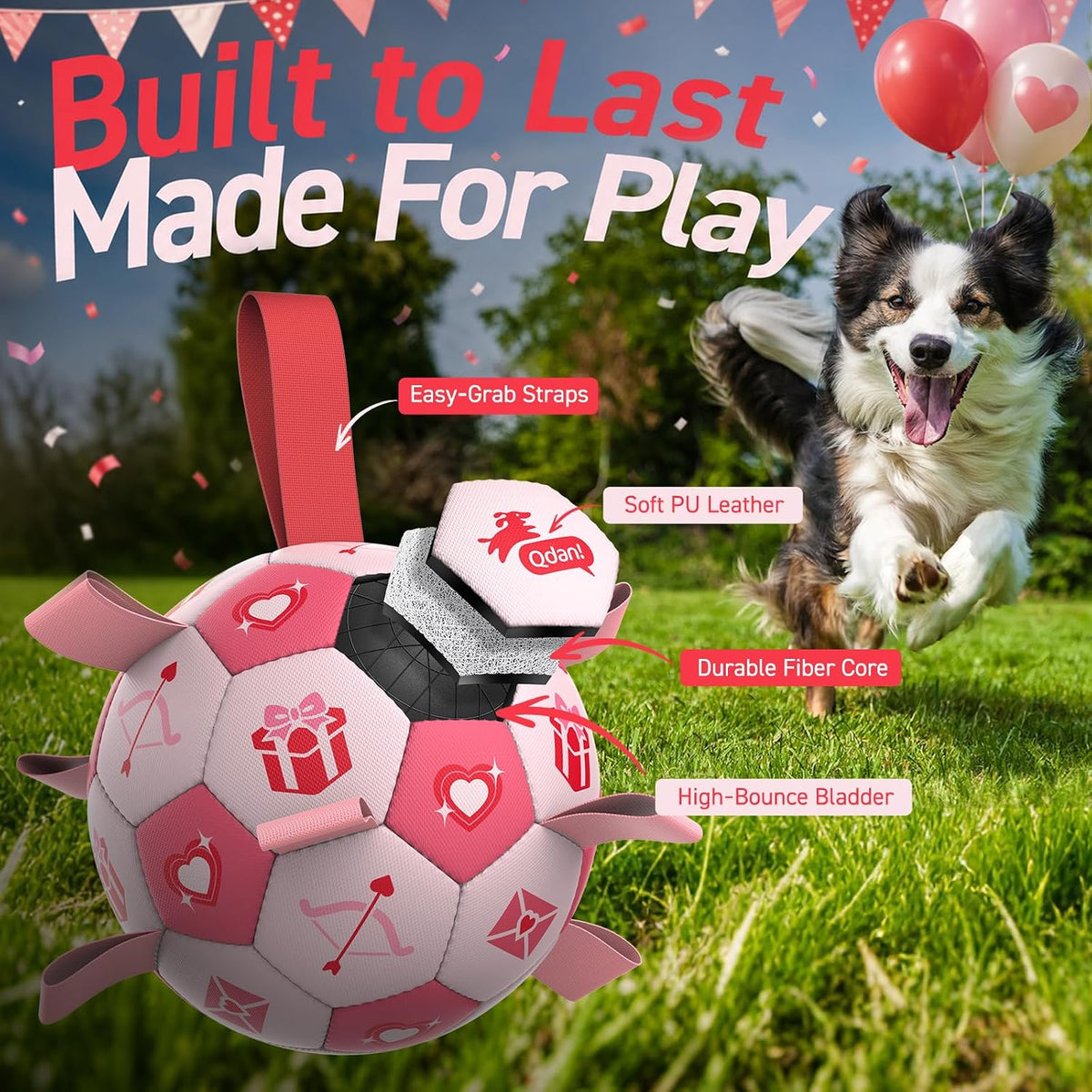 QDAN Juguetes de cumpleaños para perros, pelota de fútbol rosa con...