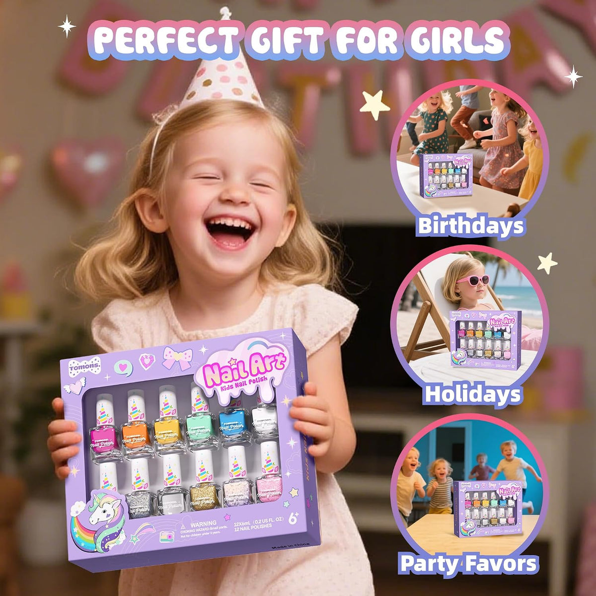 Tomons Juego de esmalte de uñas para niños, 12 colores no tóxicos a...