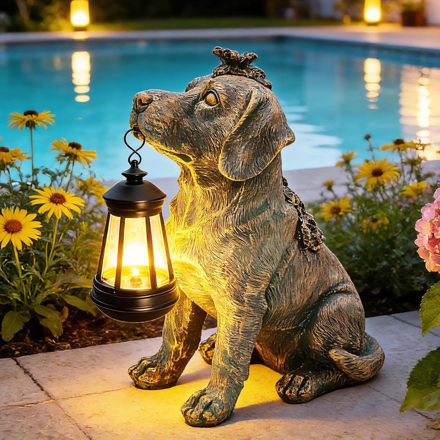 Estatua de jardín con decoración de perro con luces solares de 11 p...