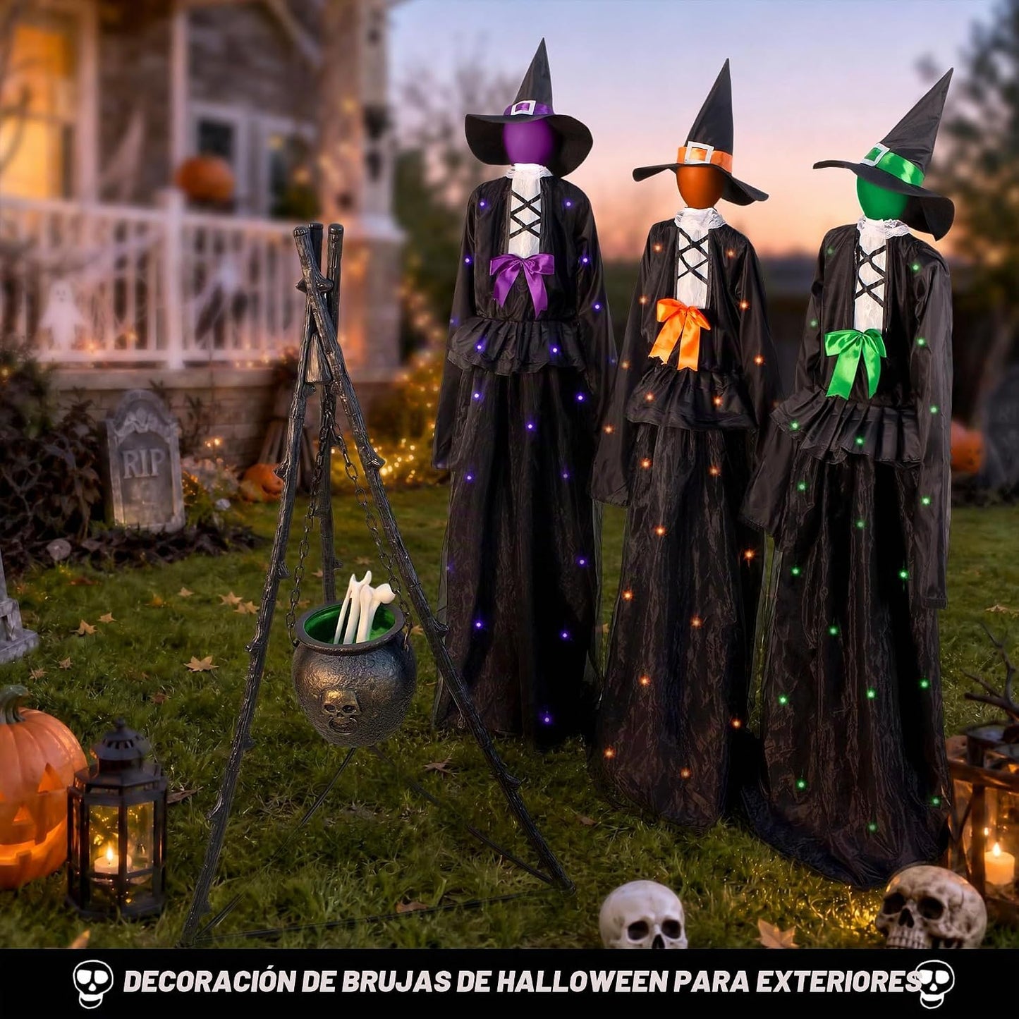 Juego de 3 decoraciones de bruja iluminadas para Halloween de 65 pu...