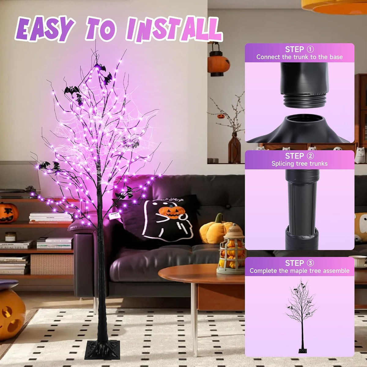 Árbol iluminado de Halloween con 260 luces LED, árbol de Halloween...