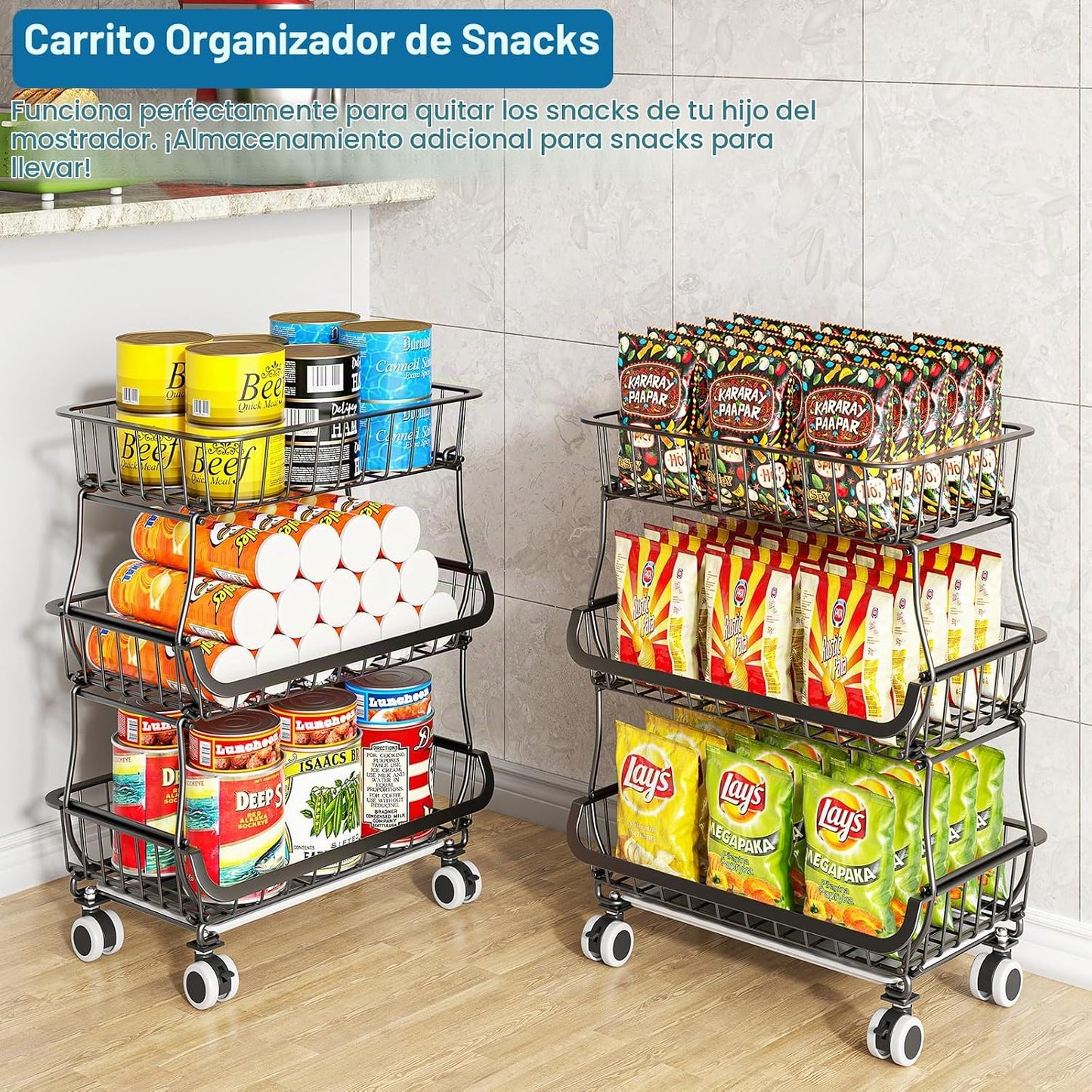 OKZEST Organizador de piso de despensa rodante de 3 niveles y carri...