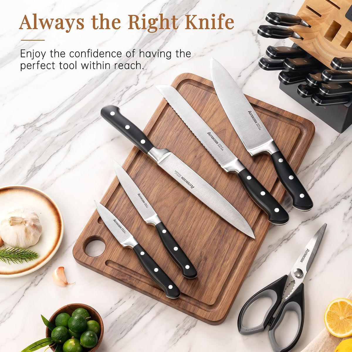Astercook Juego de cuchillos de cocina de espiga completa con bloqu...