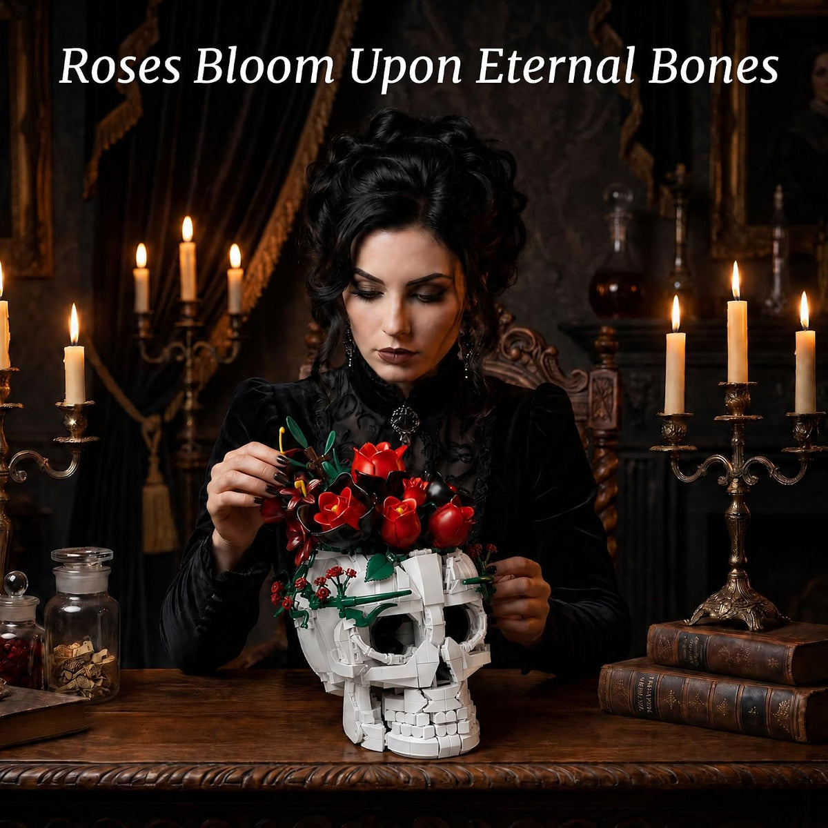 Juego de construcción de ramo de flores de calavera y rosas, decora...