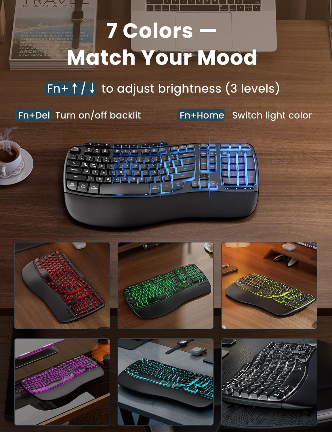 Combo ergonómico de teclado y mouse inalámbricos, teclado retroilum...