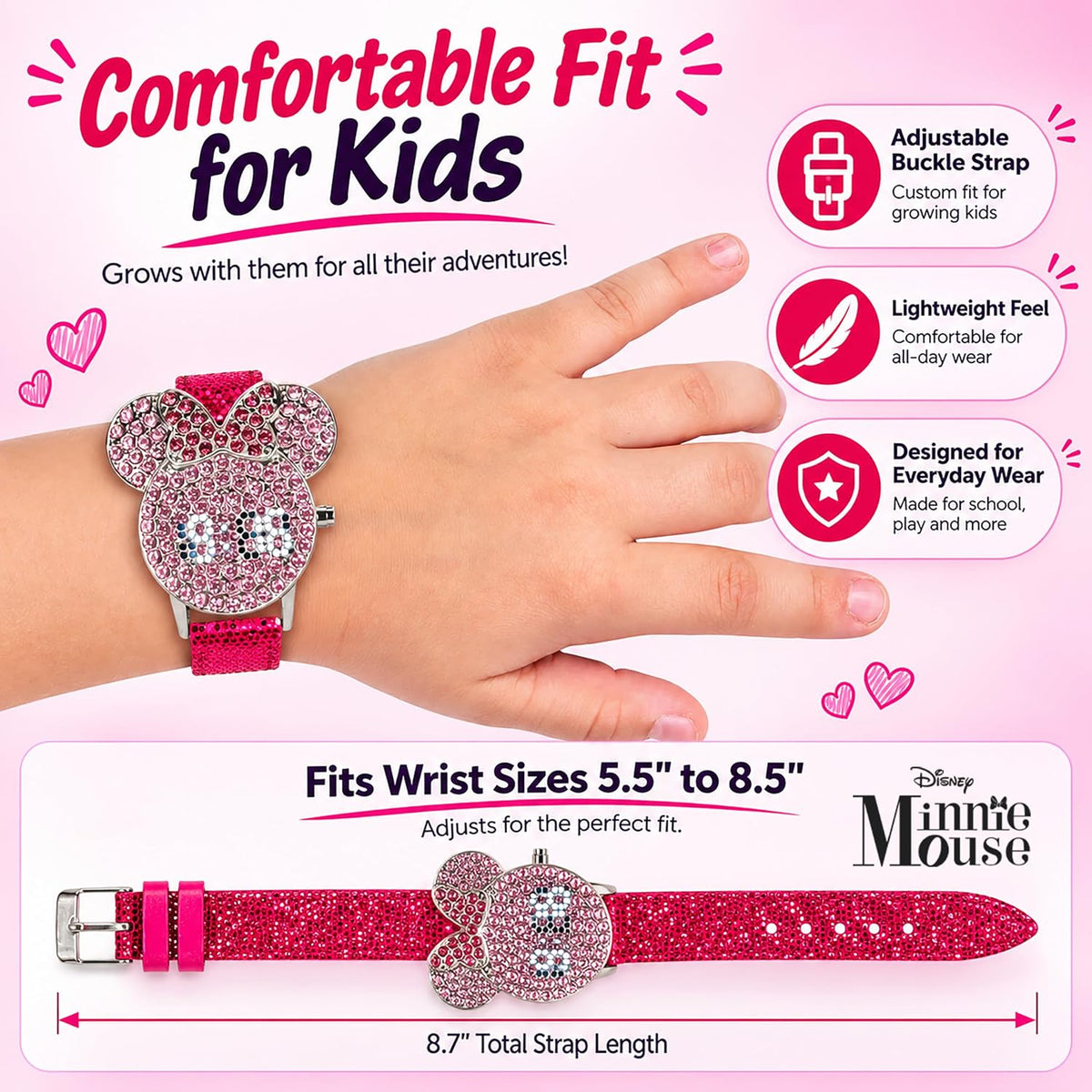 Disney Minnie Mouse - Reloj LED para niñas con esfera de cristal y...