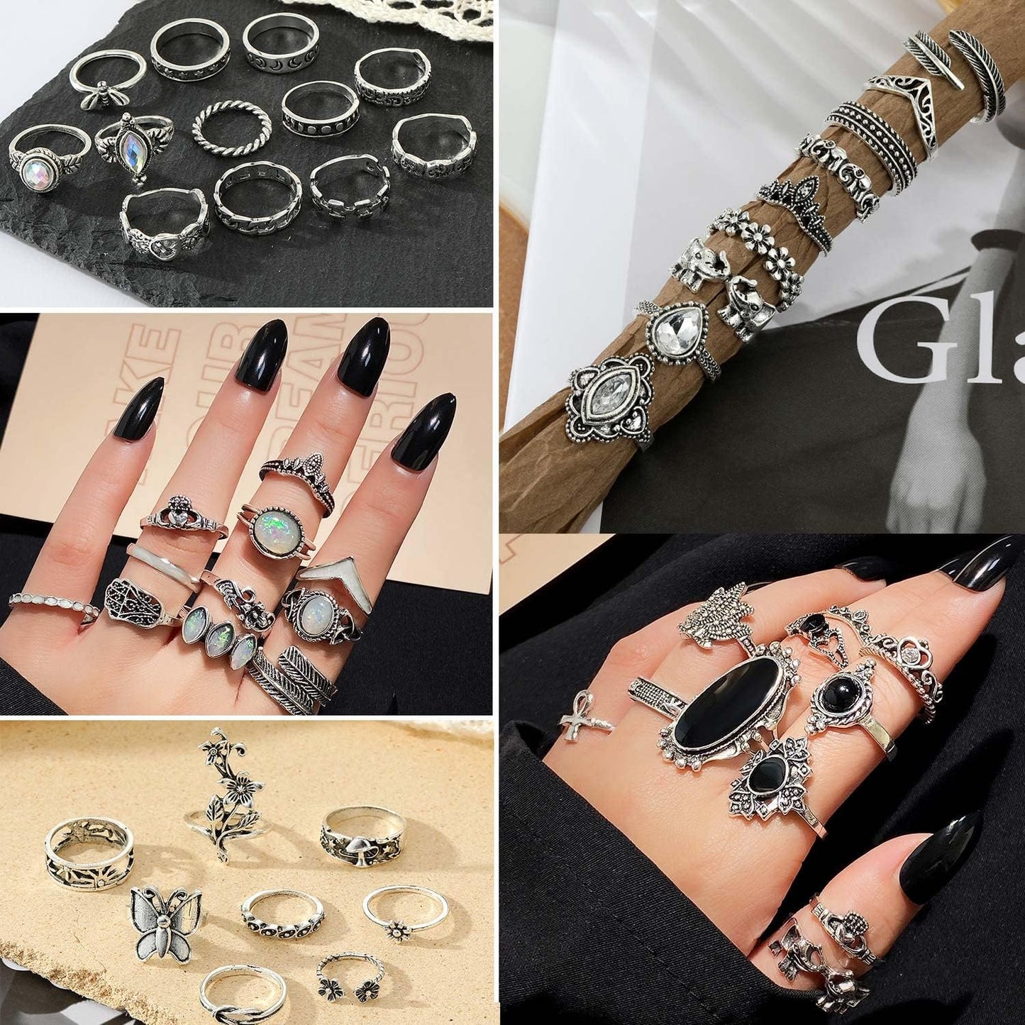17IF Juego de anillos de nudillos plateados vintage para mujeres y...