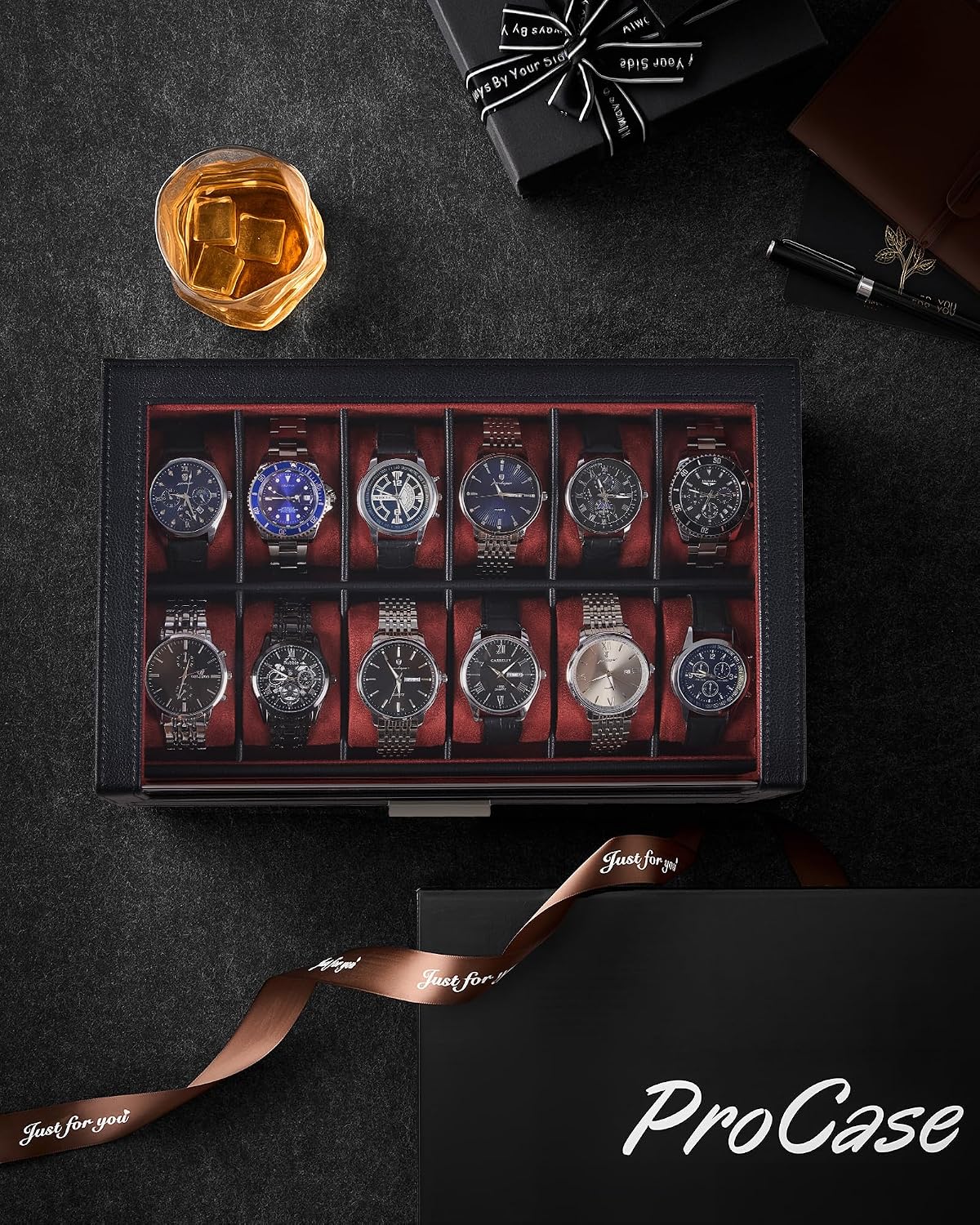 ProCase Caja de reloj para hombre, 12 ranuras para reloj, soporte p...