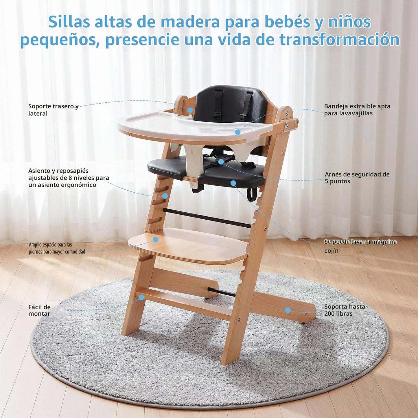 Cowiewie Trona de madera natural para bebé con bandeja ajustable y...