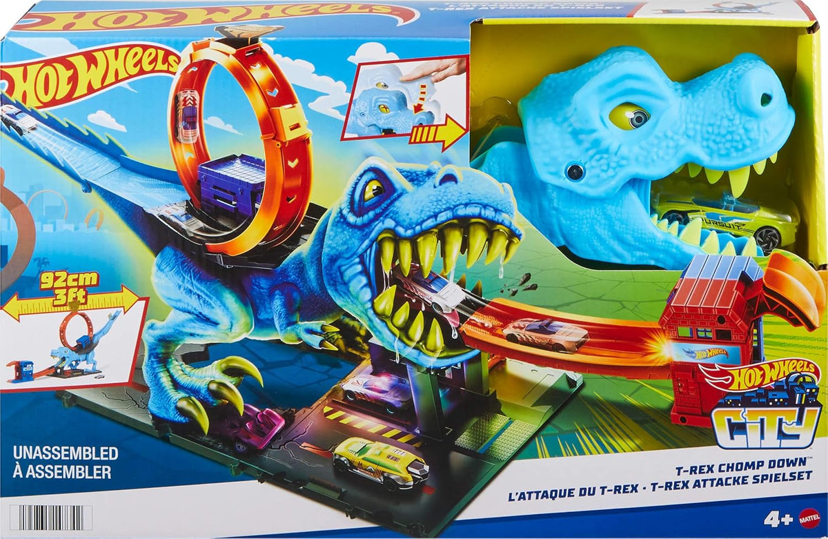 Hot Wheels Juego de pista urbana con 1 auto de juguete, carrera a t...