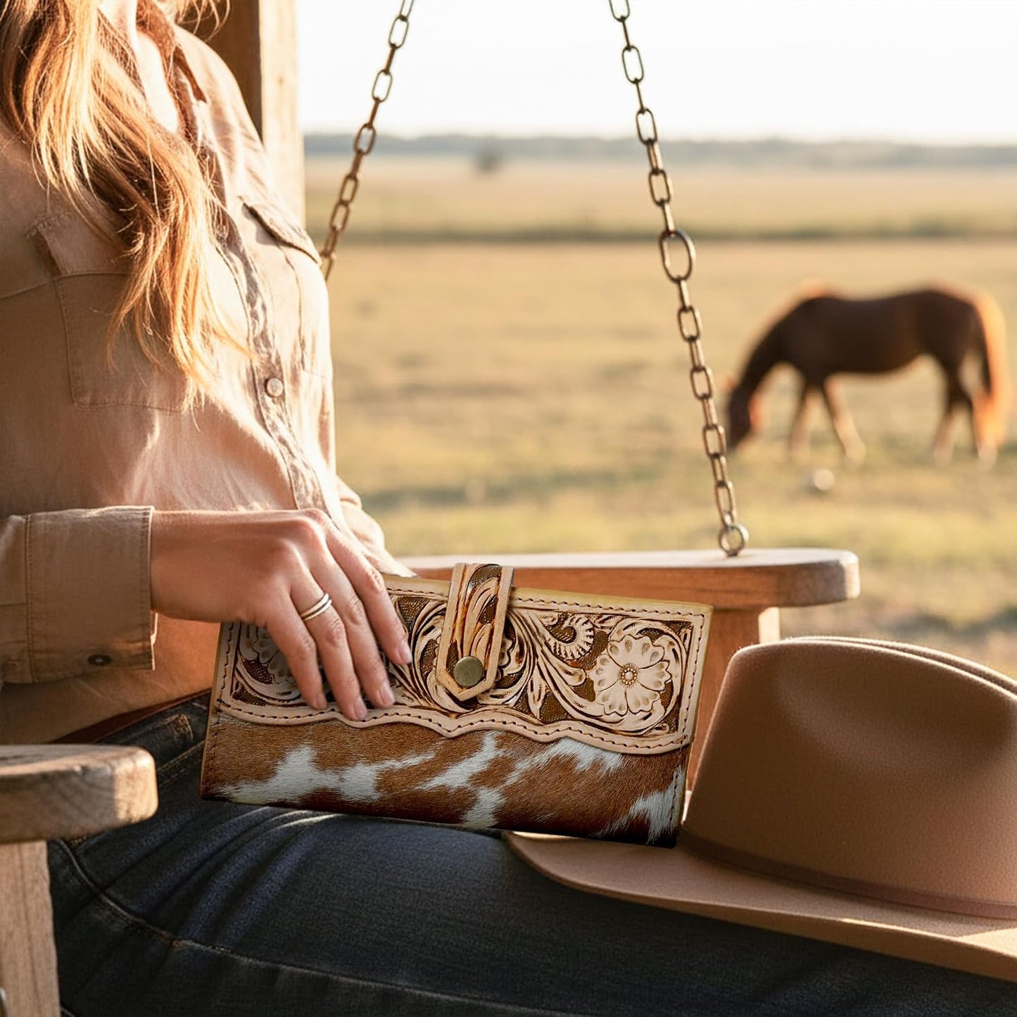 Merbaa Wild West Billetera de Cuero de Pelo de Vaca para Mujeres, l...
