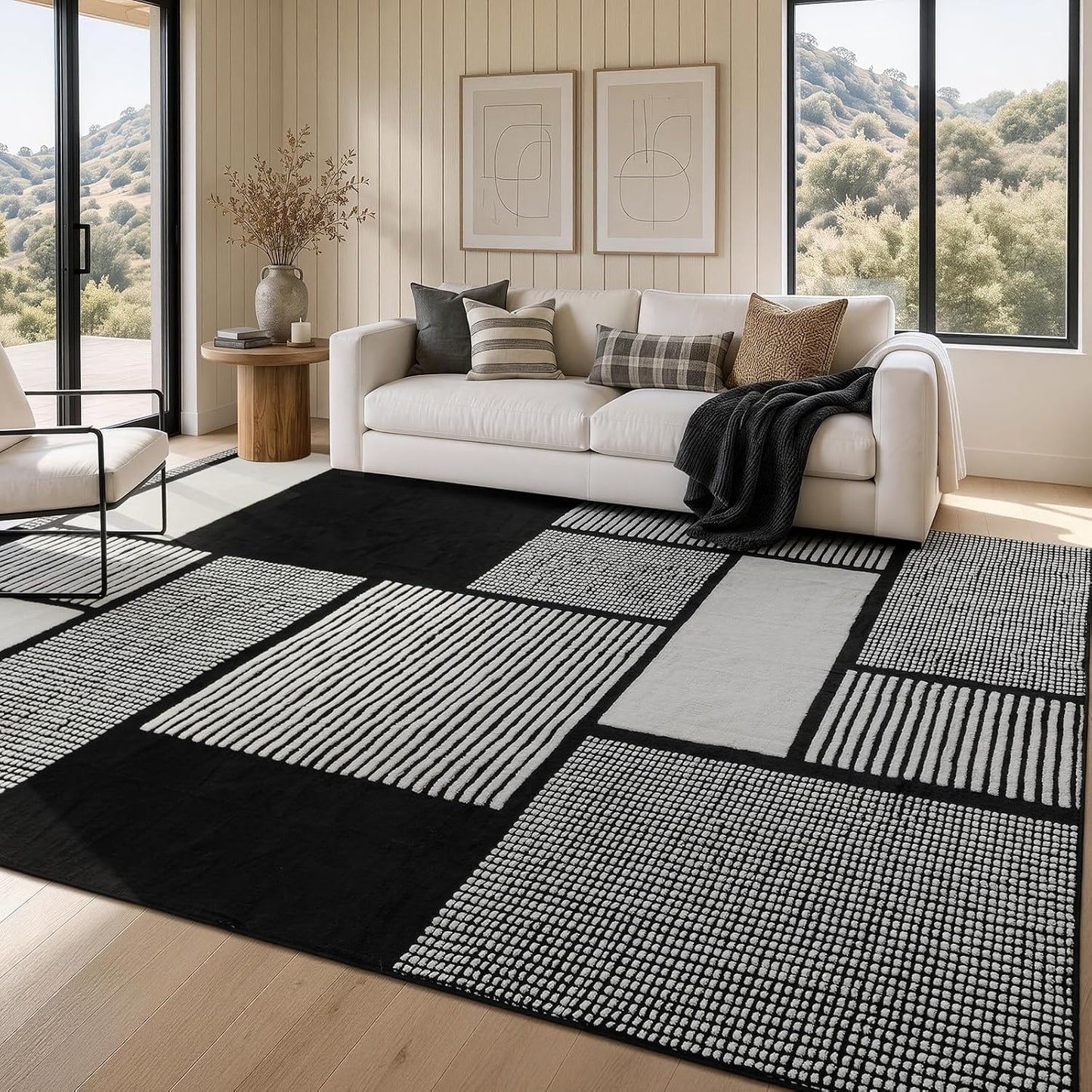 YIHOUSE Alfombra grande de 8 x 10 en blanco y negro, alfombra lavab...