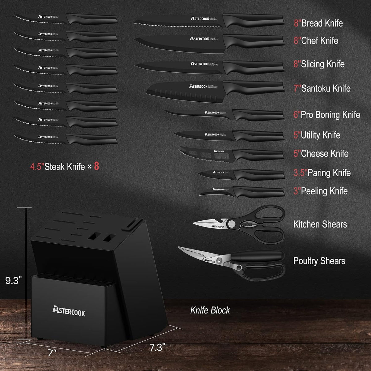 Astercook - Juego de 21 cuchillos para cocina con bloque, apto para...