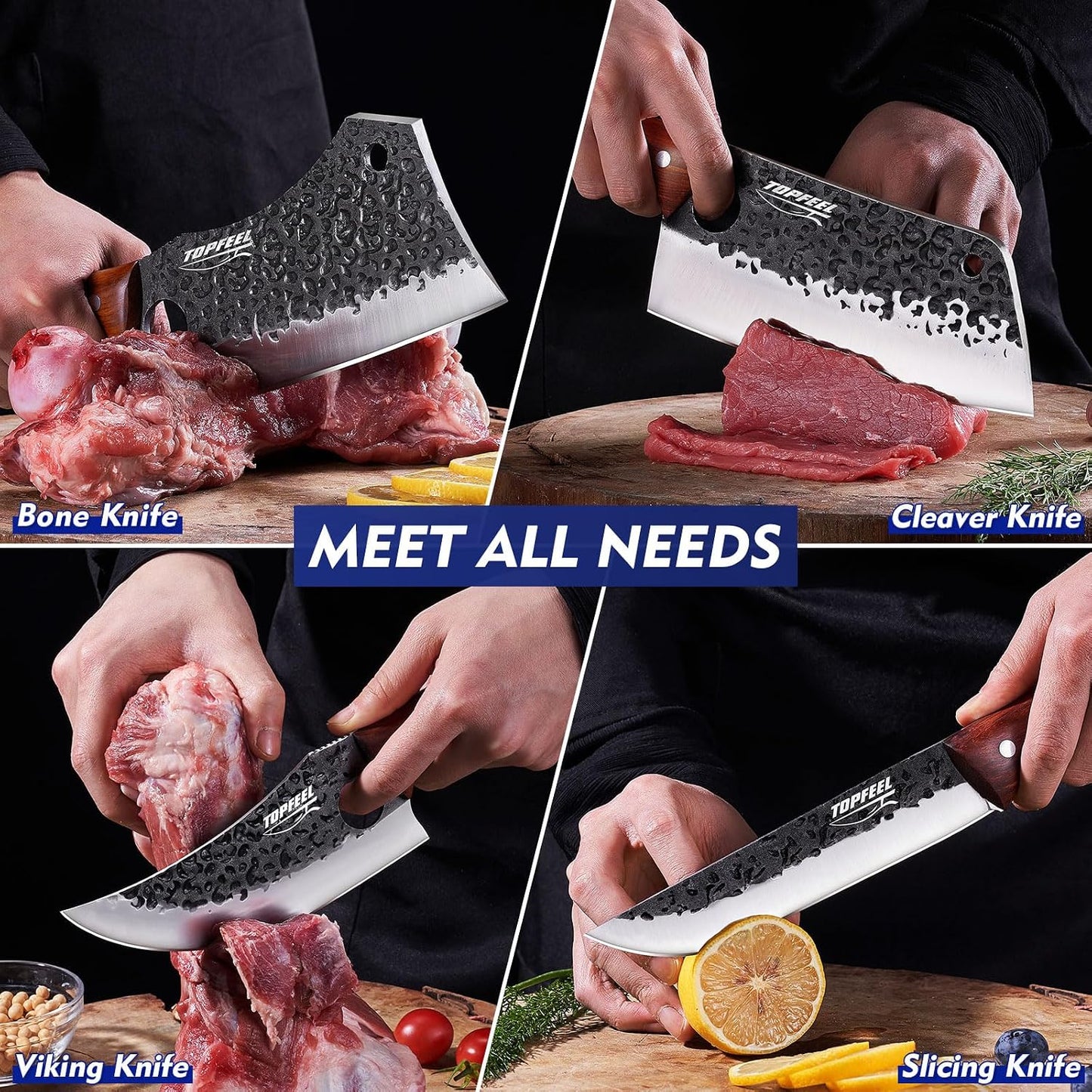 Topfeel Juego de 4 cuchillos de carne \u2013 Cortador de huesos res...