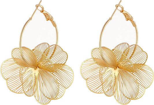 Aretes colgantes de flores para mujer, aretes de aro de moda con di...