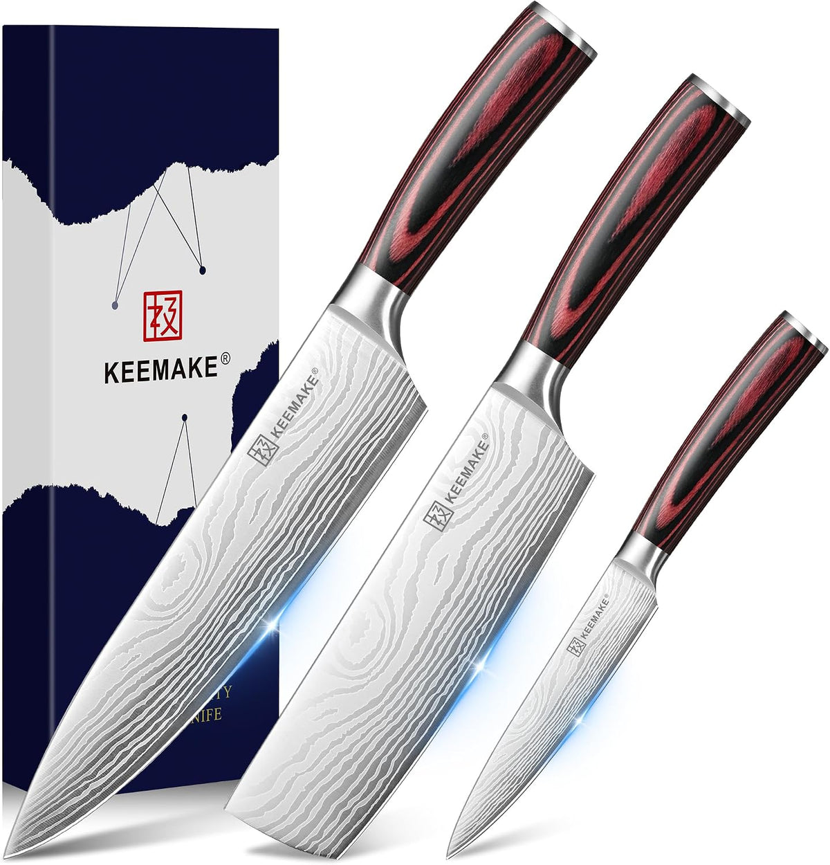 KEEMAKE Juego de cuchillos de cocina, 3 piezas de cuchillos de chef...