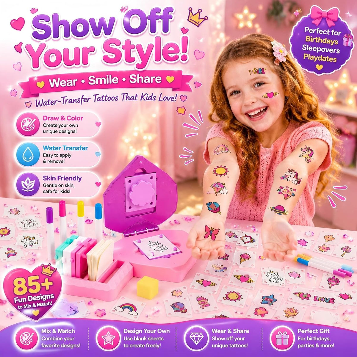 Kit de tatuaje temporal para niñas, kit de tatuaje para niños con 4...