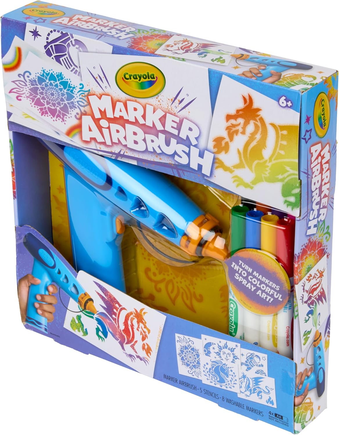 Crayola Kit de arte en aerosol con aerógrafo, 8 marcadores lavables...