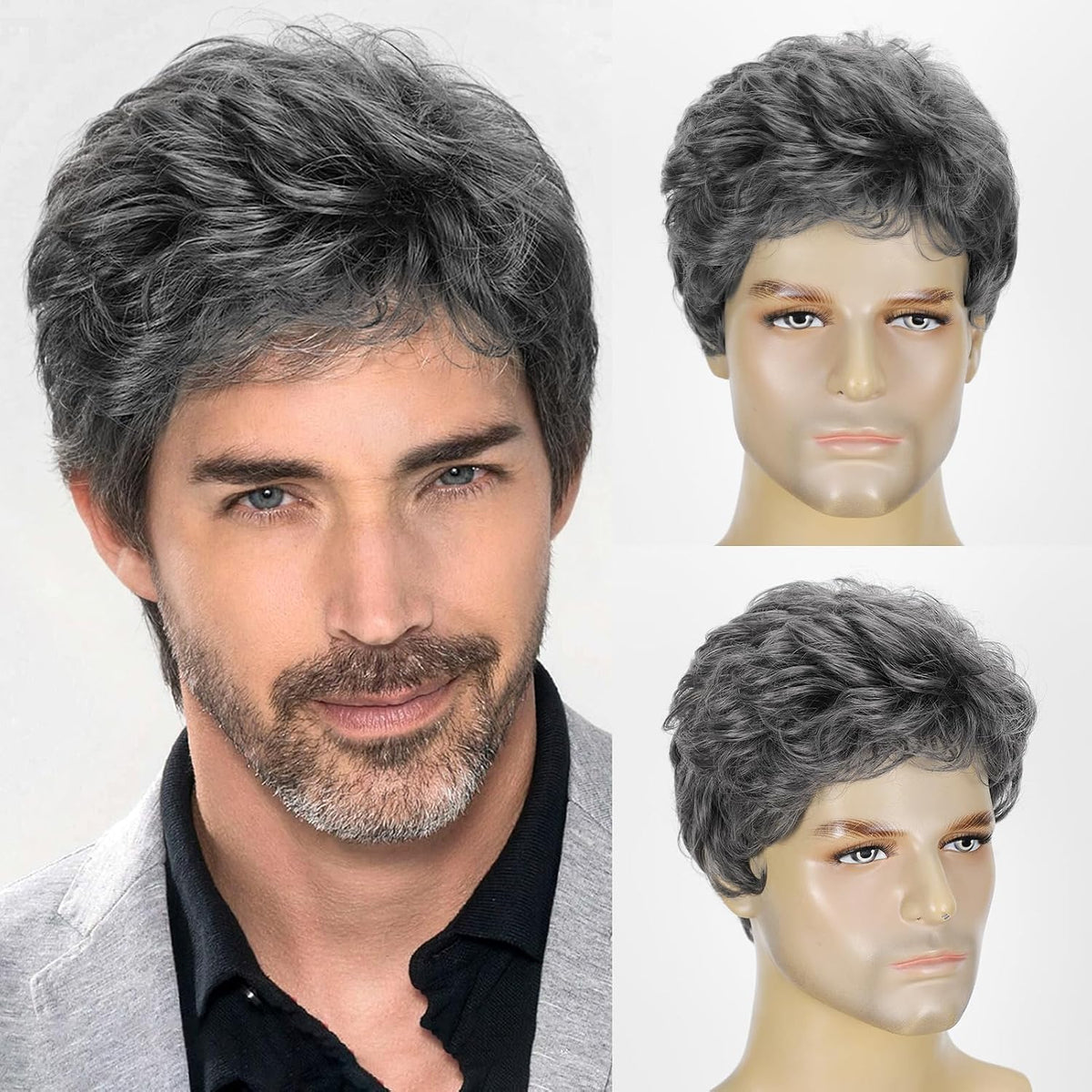 BCHR Peluca corta gris oscuro para hombre, peluca de cabello sintét...