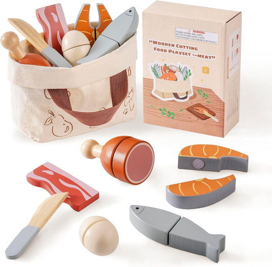 ROBOTIME Conjunto de Comida de Juguete de Madera para Cortar Carne...