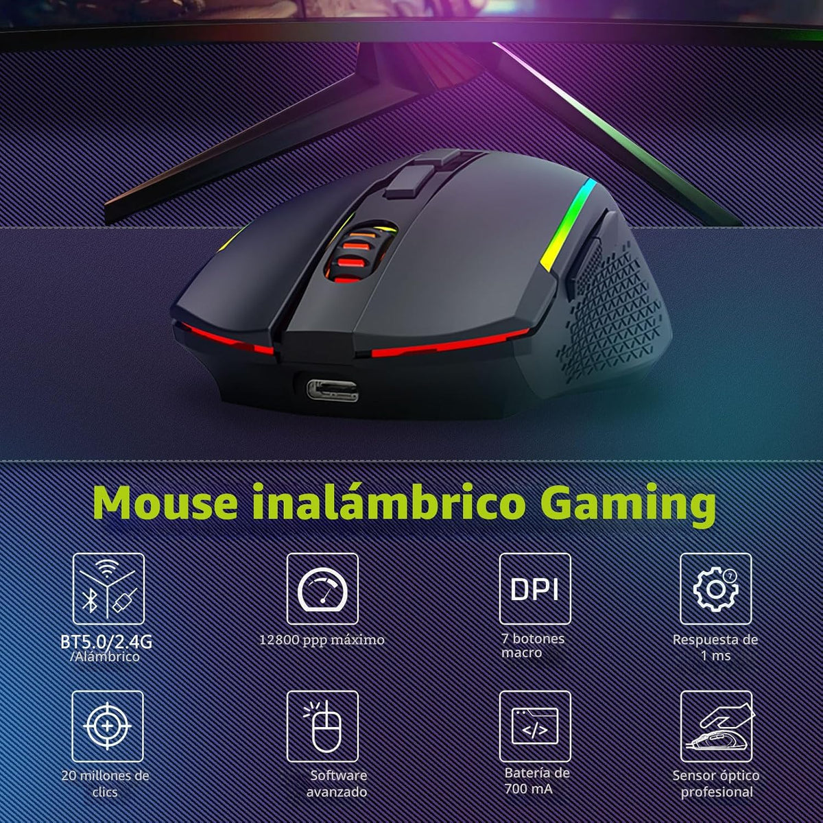 Redragon Combo de teclado y mouse inalámbricos para juegos, Bluetoo...