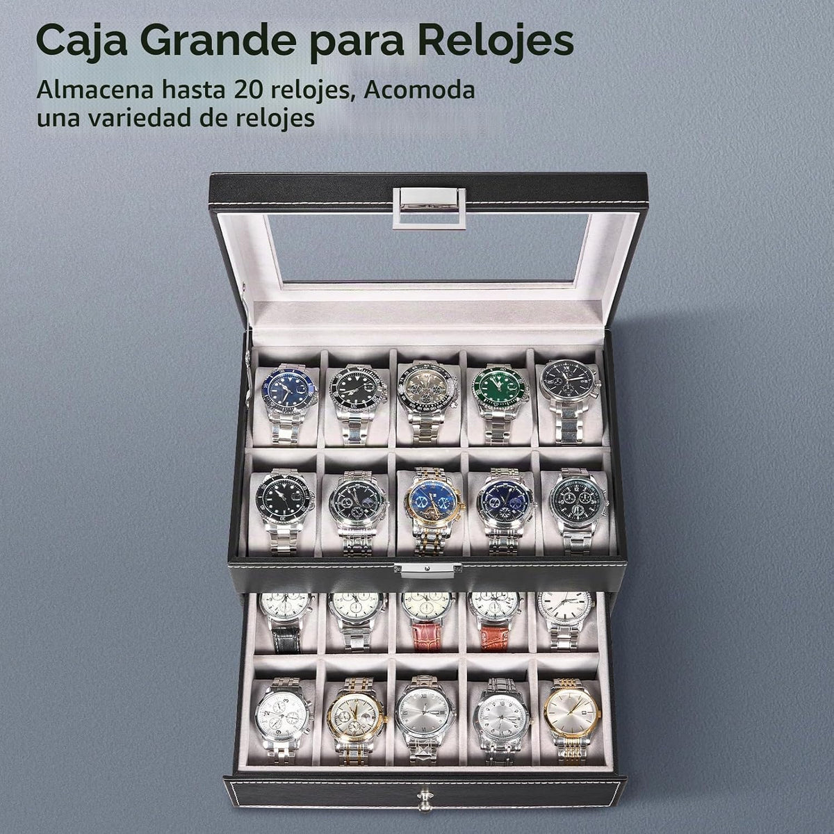 BEWISHOME Caja de reloj, organizador de caja de reloj de 20 ranuras...