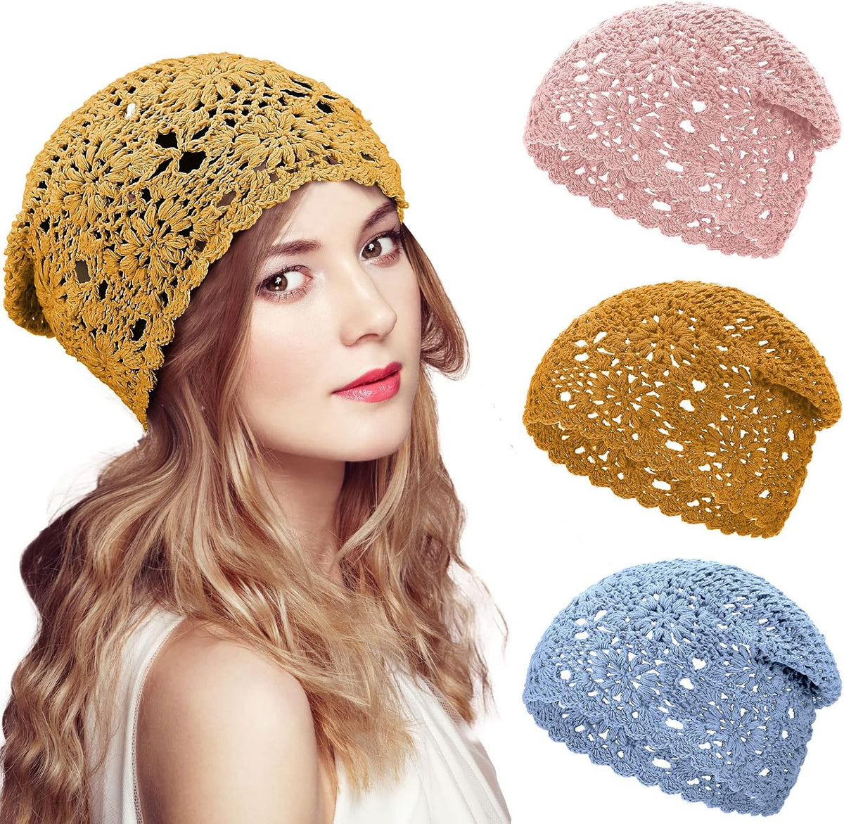 4 Piezas Gorros de Ganchillo Holgados 2025 Otoño Hechos a Mano Teji...