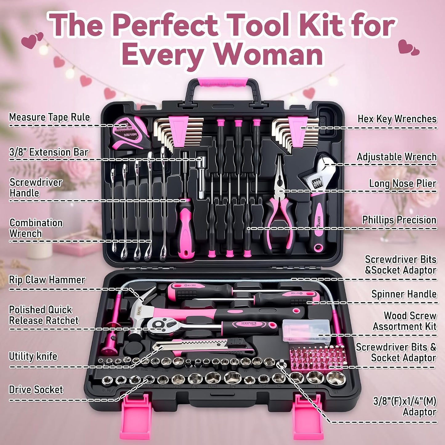 KOOPOOL Juego de herramientas rosa de 159 piezas, kit de herramient...