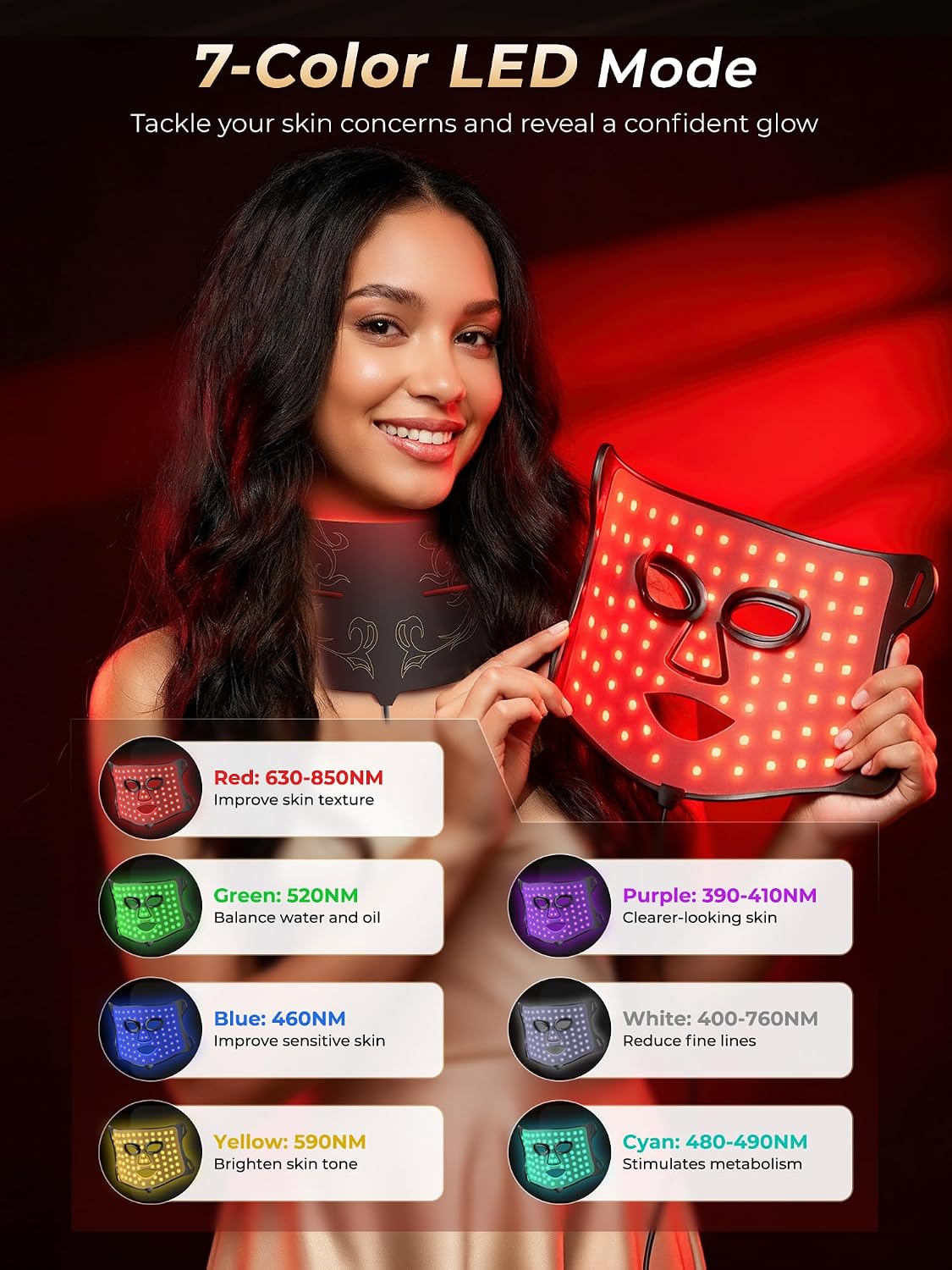Terapia de luz roja 7 en 1 para cara y cuello, máscara de terapia d...