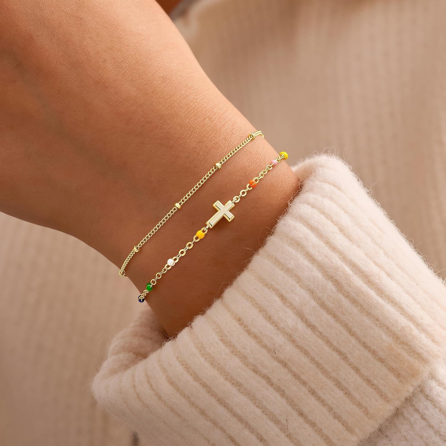 Turandoss Pulsera de cruz para mujer, chapada en oro de 14 quilates...