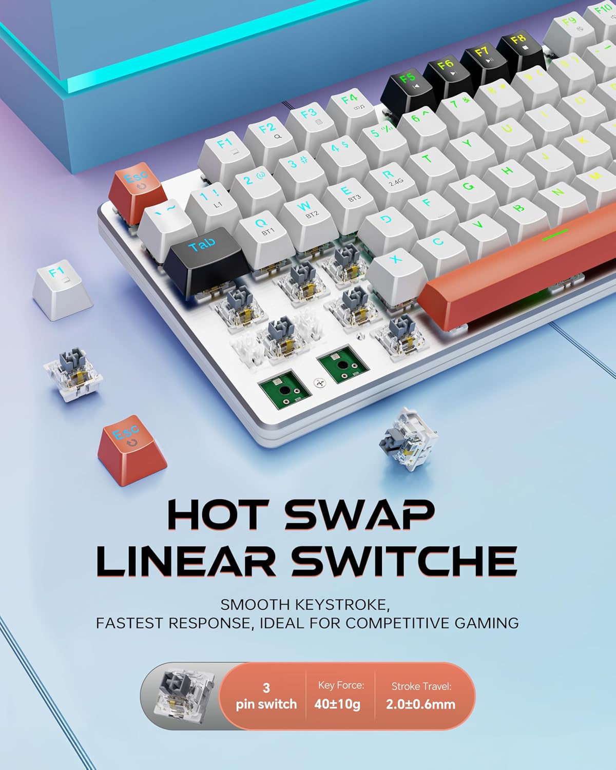 Redragon Teclado mecánico inalámbrico para juegos, triple modo BT\/...