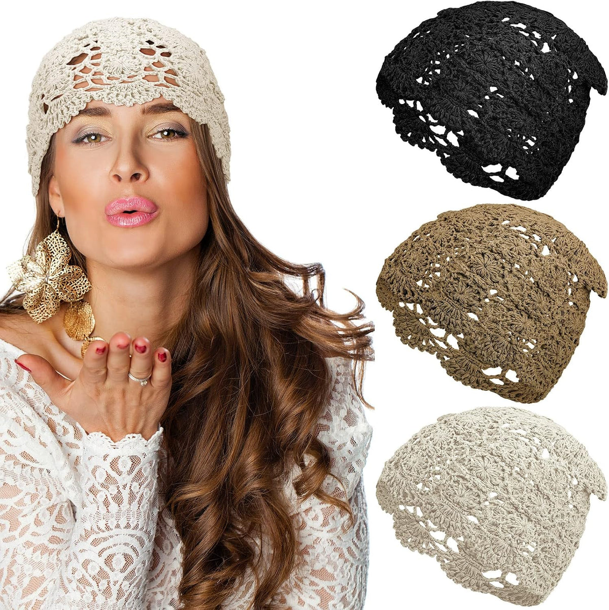 Newcotte Gorro de ganchillo holgado para mujer, hecho a mano, diseñ...