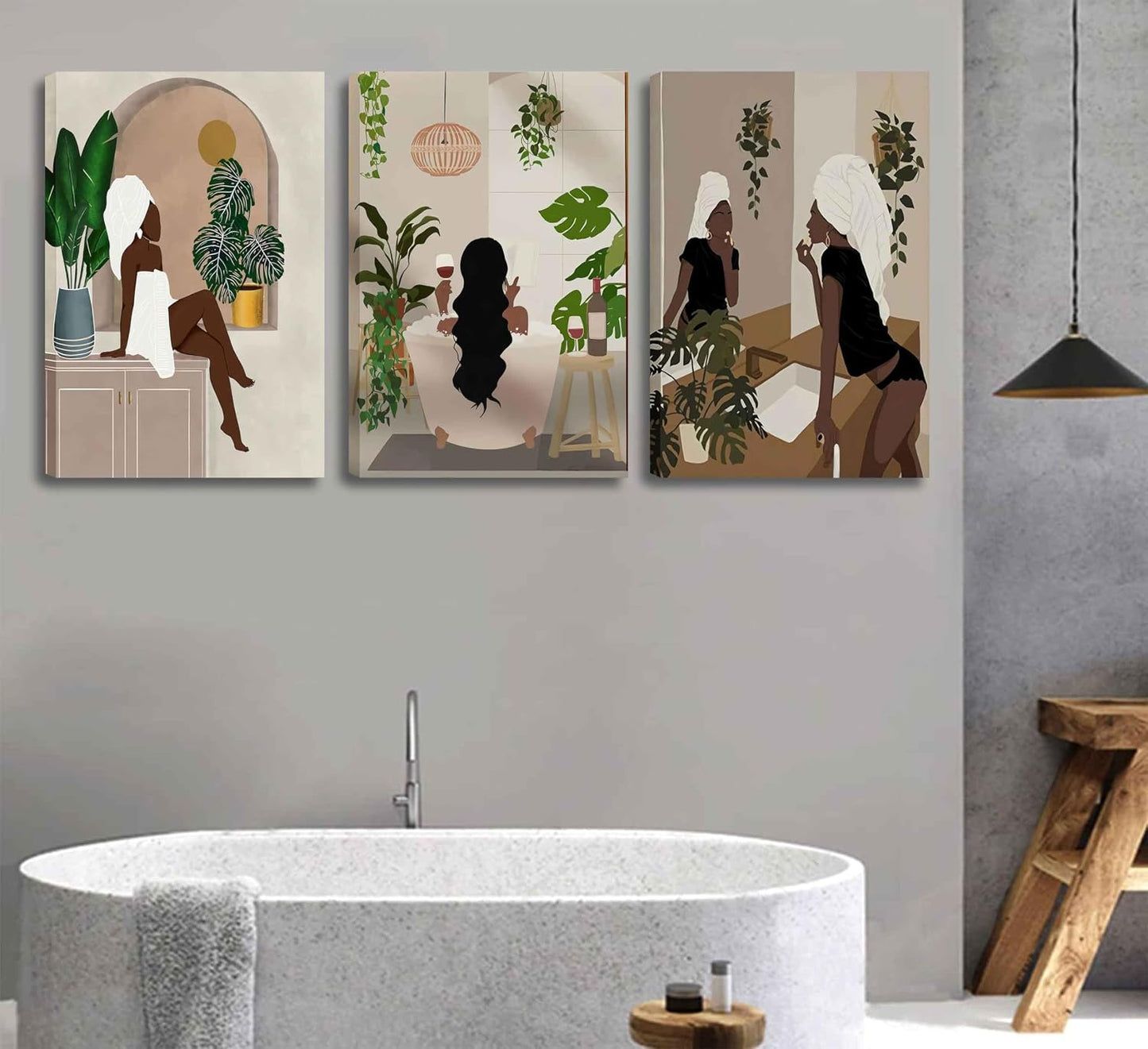 WSTUKVV 3 piezas de arte de pared de baño de niña negra, estilo boh...