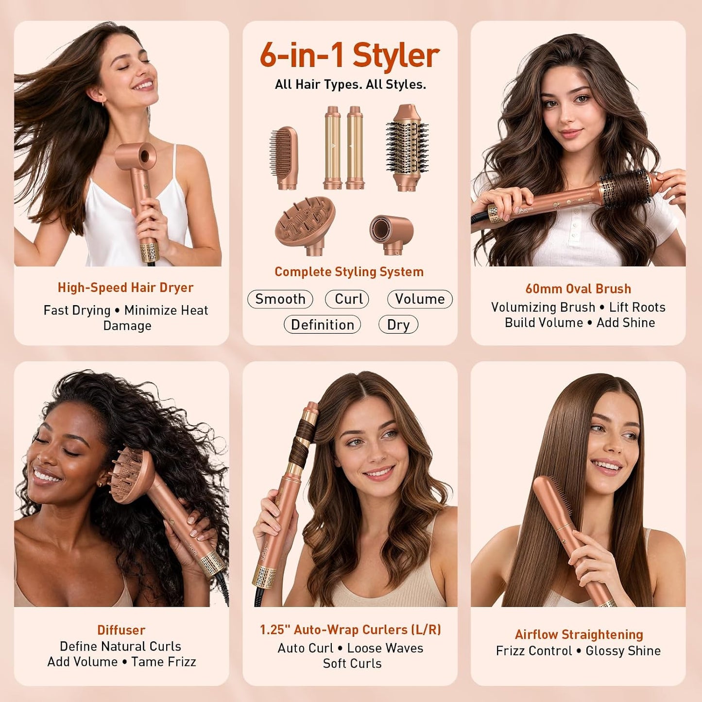 Mythsight StyleVibe - Moldeador de aire 6 en 1 con secador de pelo...