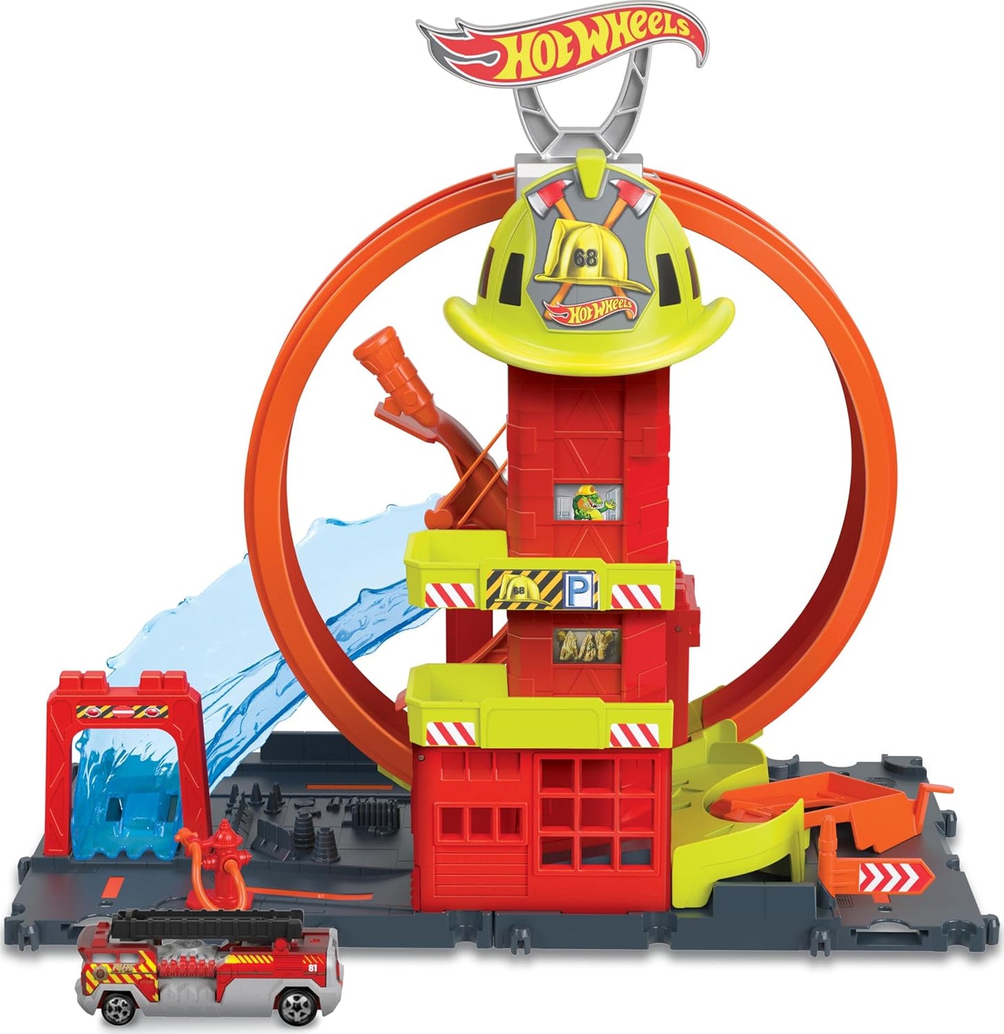 Hot Wheels City Super Loop - Juego de estación de bomberos y 1 auto...