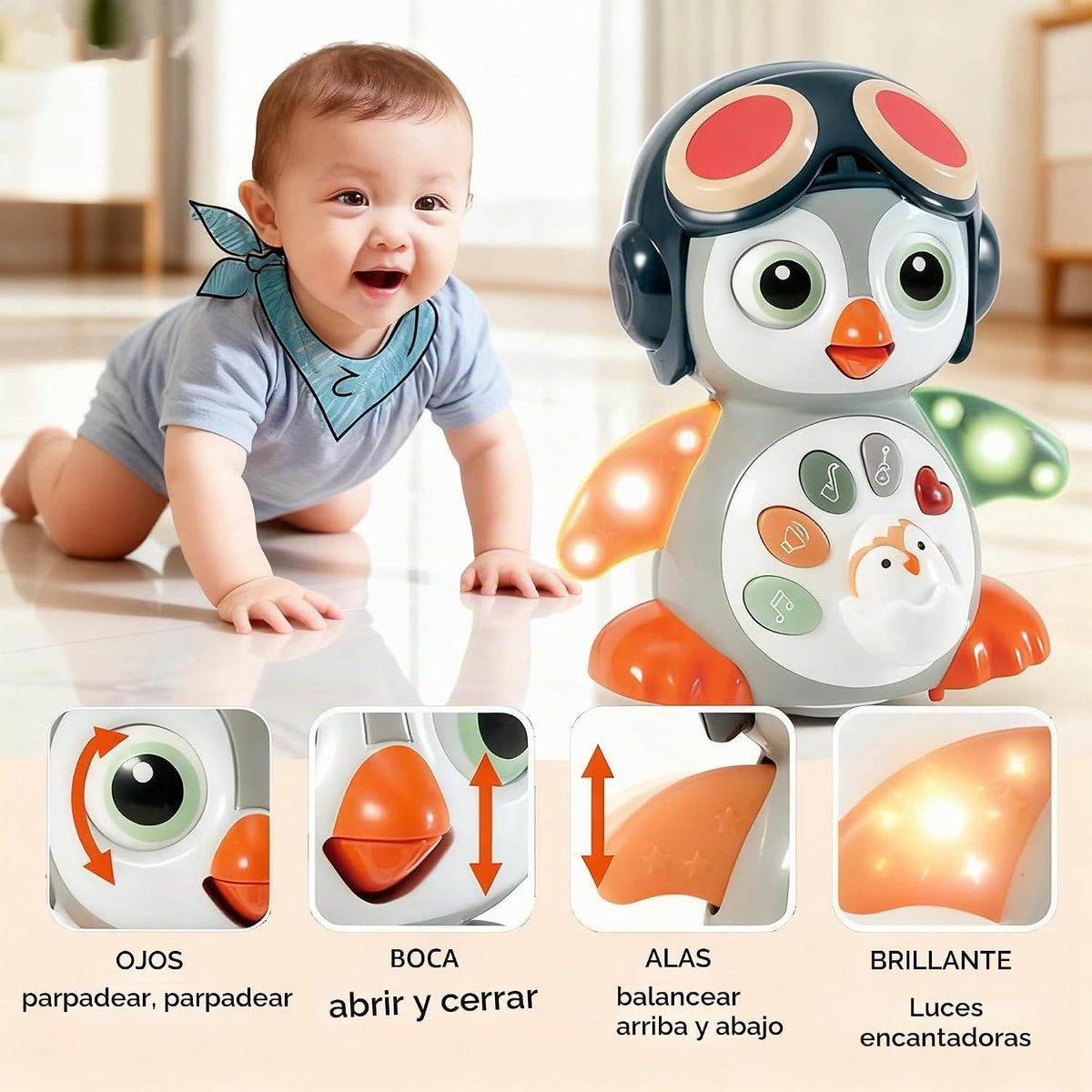 XULIONTS Juguete para bebé de pingüino gateante con música y luces,...
