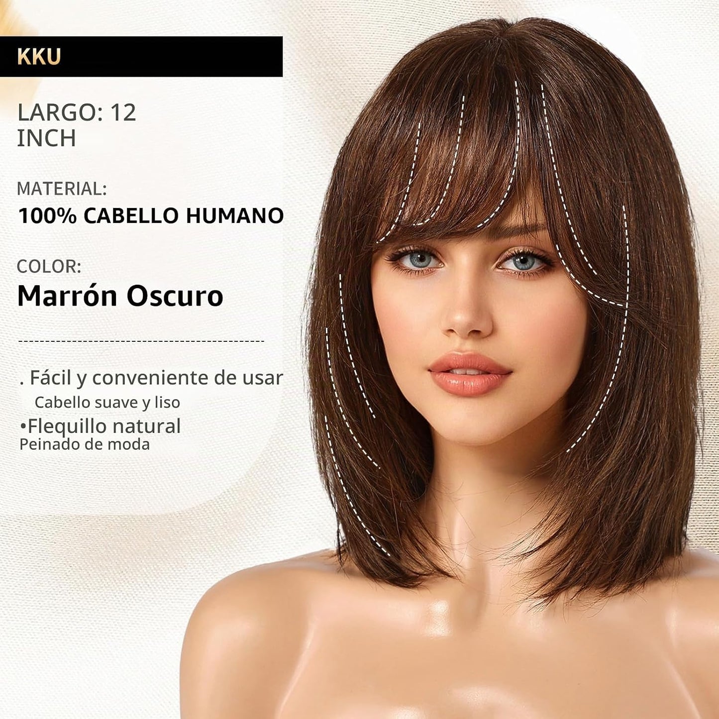 KKU Pelucas de cabello humano de 12 pulgadas color marrón oscuro pa...
