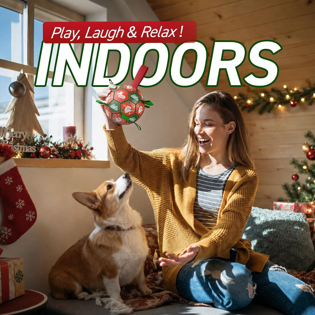 QDAN Pelotas de Navidad para perros con correas, pelota de fútbol p...