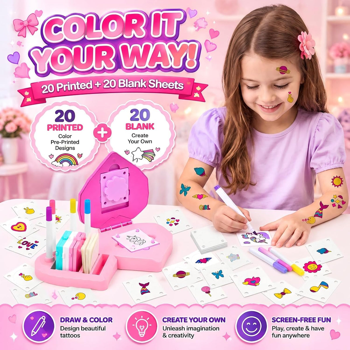 Kit de tatuaje temporal para niñas, kit de tatuaje para niños con 4...
