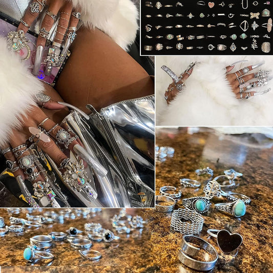 17IF Juego de anillos de nudillos plateados vintage para mujeres y...