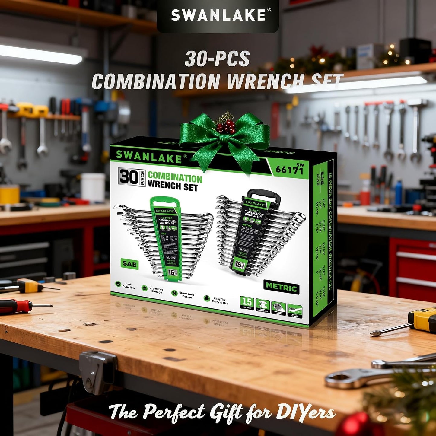 SWANLAKE - Juego de llaves combinadas de 30 piezas, métricas y SAE...