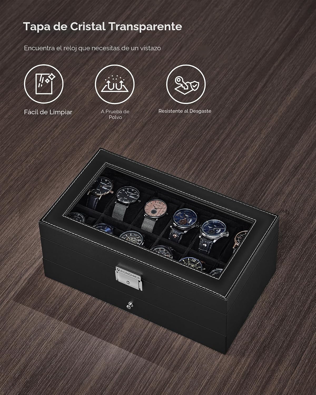 SONGMICS UJWB012B03 - Caja de reloj de 12 ranuras, caja de reloj co...